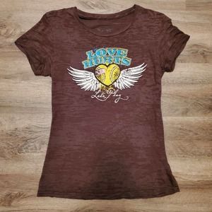 LOVE HURTS T Shirt Women M Brown Short Sleeve Rock Music Top Nazareth